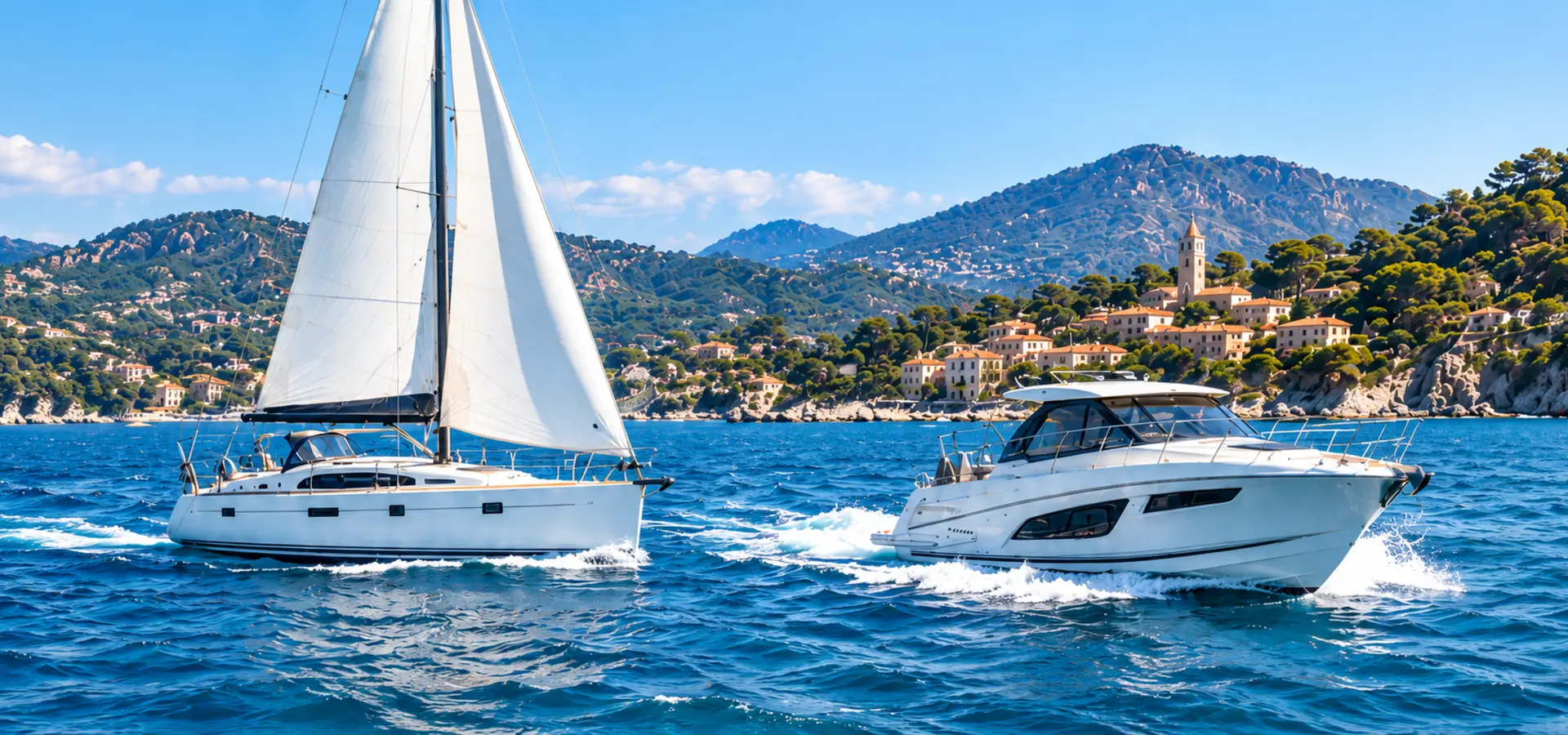 Voilier et bateau à moteur naviguant sur la Côte d'Azur